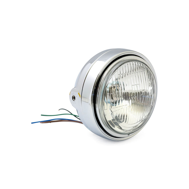 Roadster 5-3/4" H4 headlamp. Side mount. Chrome 