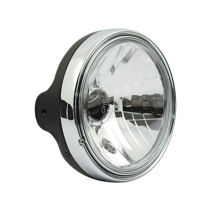 LTD style 7" H4 headlamp. Side mount. Clear lens. Black 