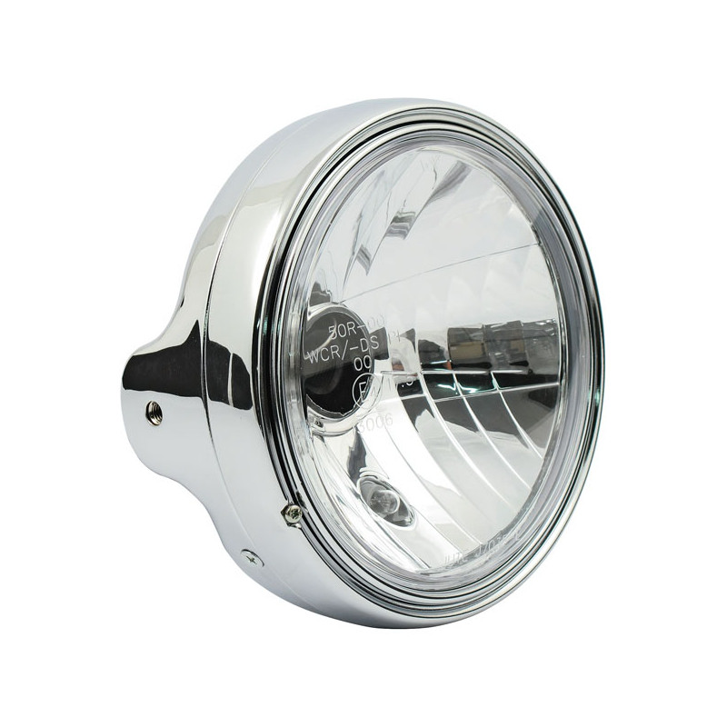 LTD style 7" H4 headlamp. Side mount. Clear lens. Chrome 