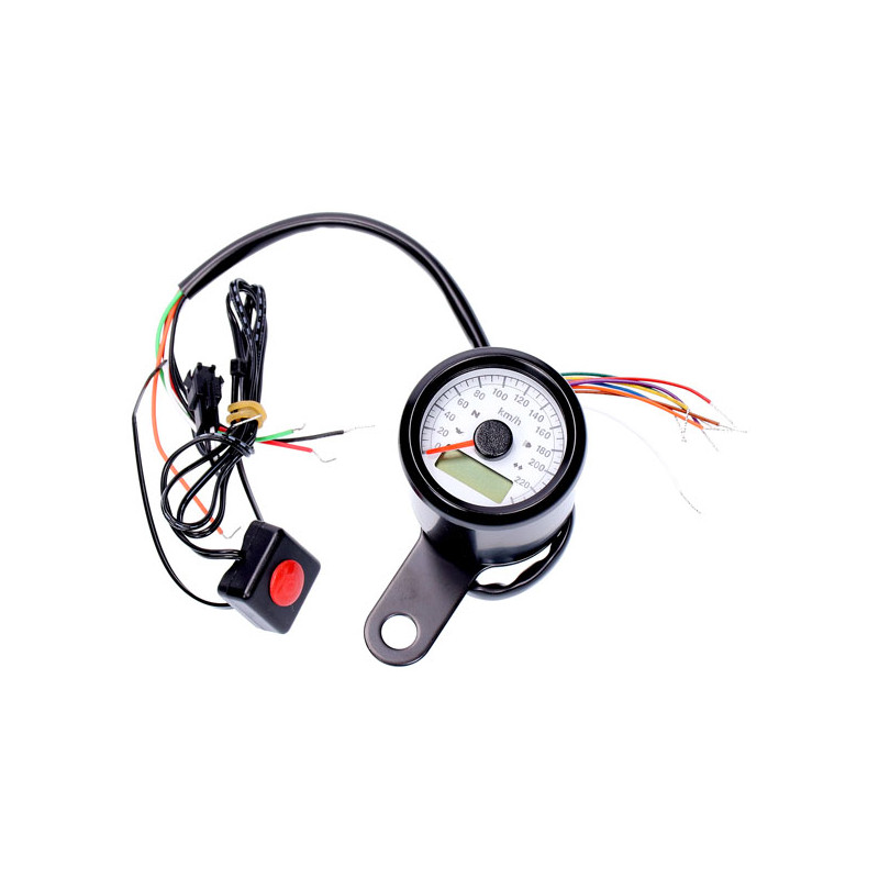 Stoker, electronic speedometer 48mm. Black, white face Compatible with stock 96-03 H-D speedo sensors and most aftermarket senso