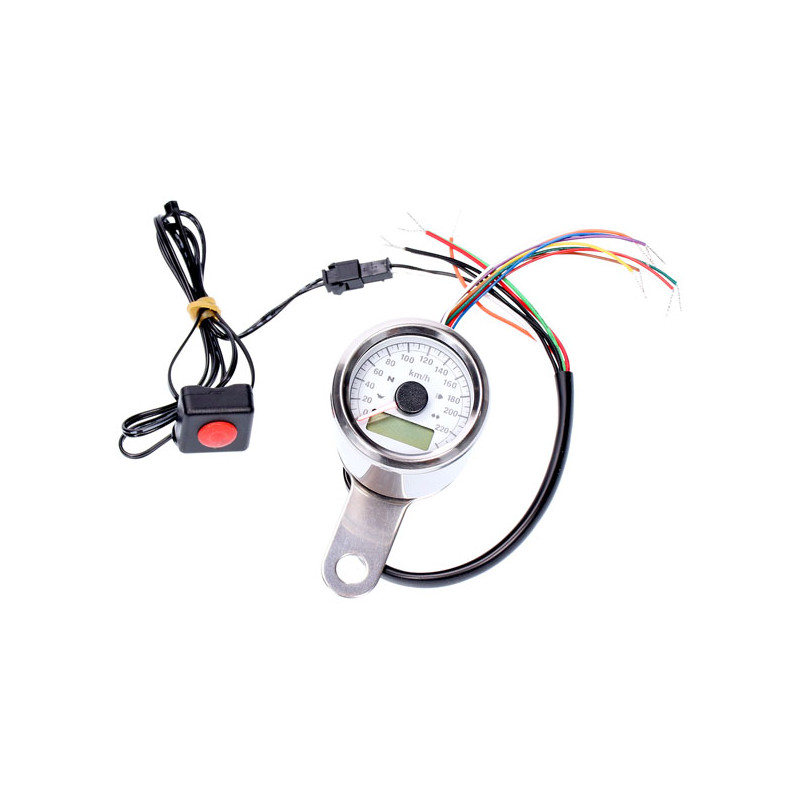 Stoker, elektroniczny licznik prędkości 48mm. Chrom, biała tarcza. Kompatybilny z oryginalnymi czujnikami prędkości H-D 96-03 or