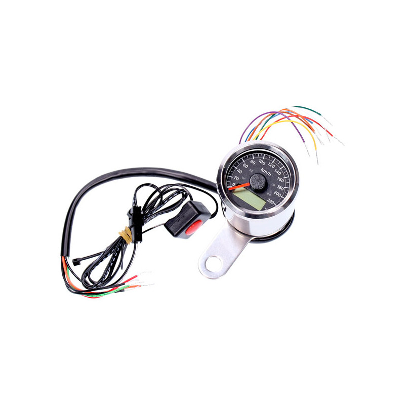 Licznik elektroniczny Stoker 48mm. Chrom, czarna tarcza. Kompatybilny z oryginalnymi czujnikami prędkości H-D 96-03 oraz większo