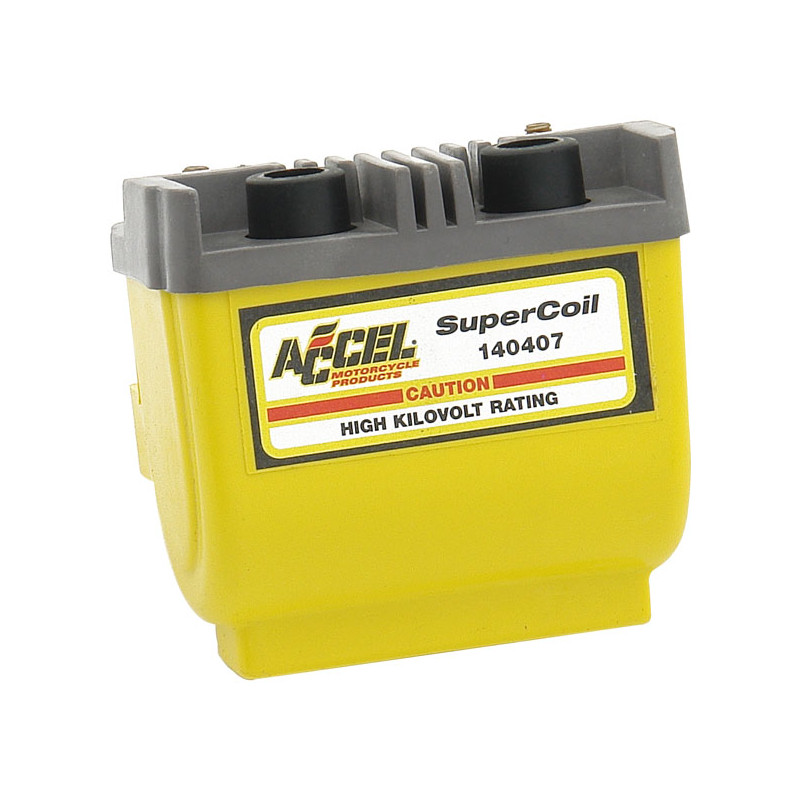 Accel, HEI Super coil yellow, 12V / 2.3 ohm 65-99 B.T. 65-03 XL. For electronic ignition (excl. Twin Cam & other single fire mod