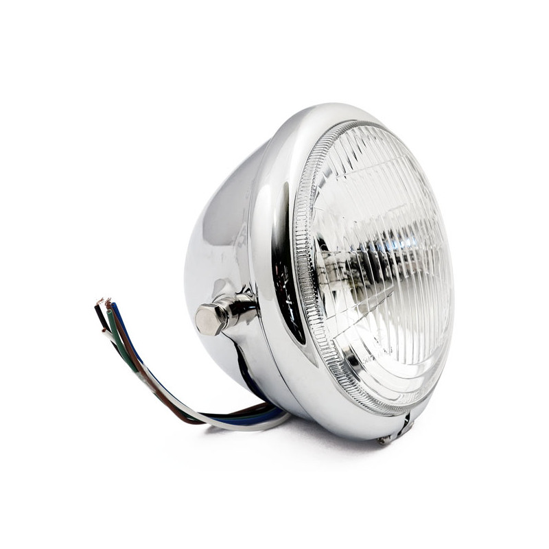Bates style 5-3/4" H4 headlamp. Side mount. Chrome 