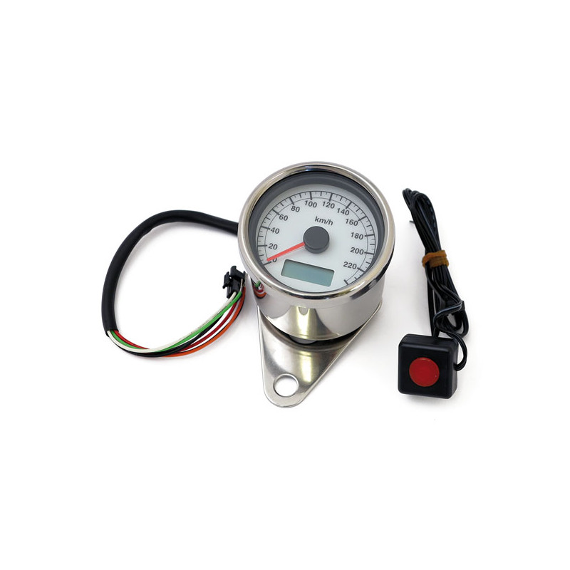 Stoker, electronic speedometer. 60mm. White face Compatible with stock 96-03 H-D speedo sensors and most aftermarket sensors.