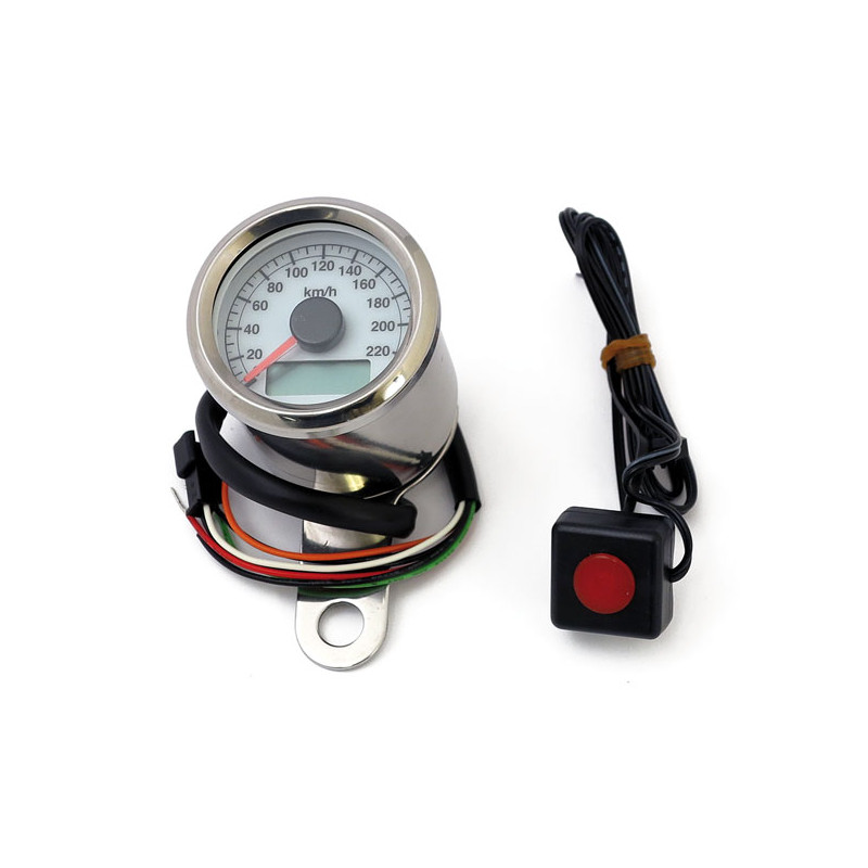 Stoker, electronic speedometer. 48mm. White face Compatible with stock 96-03 H-D speedo sensors and most aftermarket sensors.