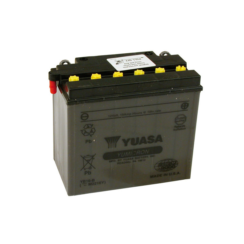 Akumulator kwasowo-ołowiowy Yuasa, Yumicron 12V YB16-B. 19Ah  73-86 e-start modele FX 82-94 & 99-00 FXR 84-90 Softail 77-78 XLCR