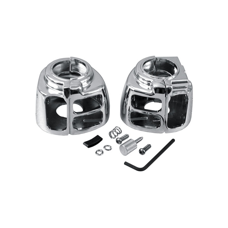 SWITCH HOUSING SET, CHROME 96-10 Softail (excl. 2003 FXSTDSE) 96-11 Dyna 96-13 FLHR/I 96-13 XL 08-12 XR1200 02-13 V-Rod(NU)