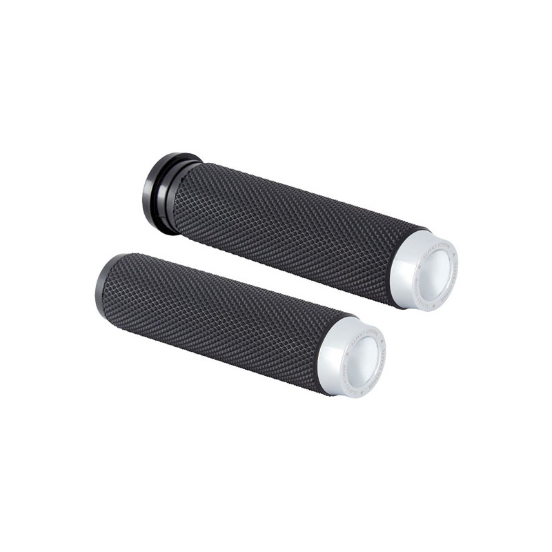 Rough Crafts, knurled rubber handlebar grips. Chrome 08-23 H-D with e-throttle (excl. 2023 FLHXSE 18-23 FLTRXSE Pan America RA &
