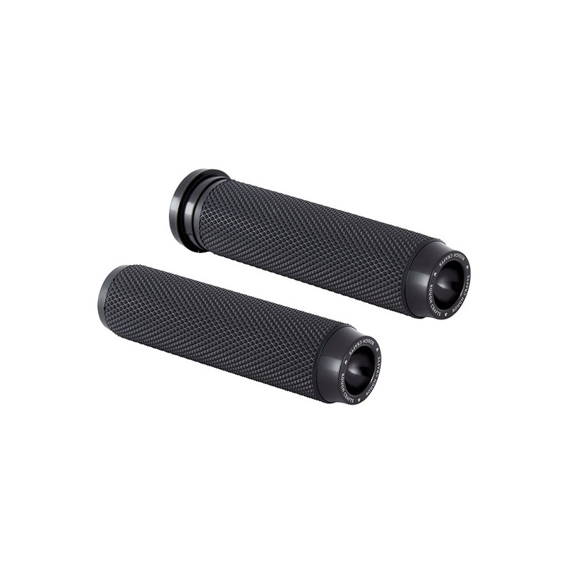 Rough Crafts, knurled rubber handlebar grips. Black 08-23 H-D with e-throttle (excl. 2023 FLHXSE 18-23 FLTRXSE Pan America RA & 