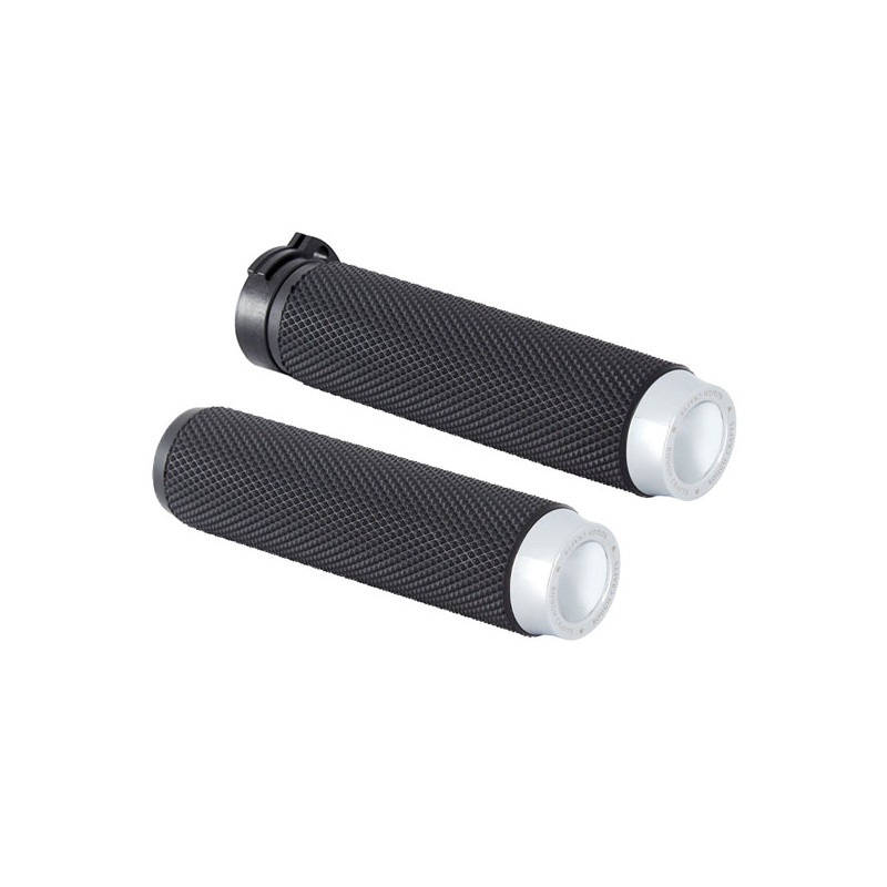 Rough Crafts, knurled rubber handlebar grips. Chrome 74-22 H-D with single or dual throttle cables (excl. Street) (NU)