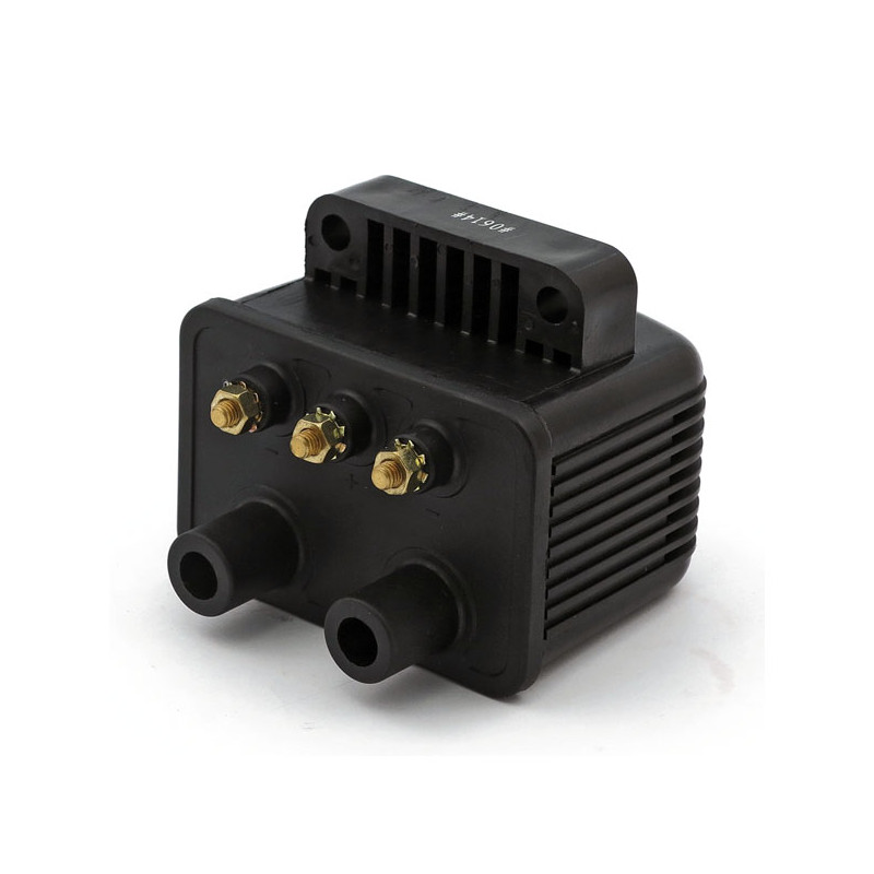 Cewka zapłonowa do motocykla. 12V, 3 ohmy. Czarna 65-99 B.T. 65-03 XL. Dla modeli z gaźnikiem z niestandardowym pojedynczym zapł