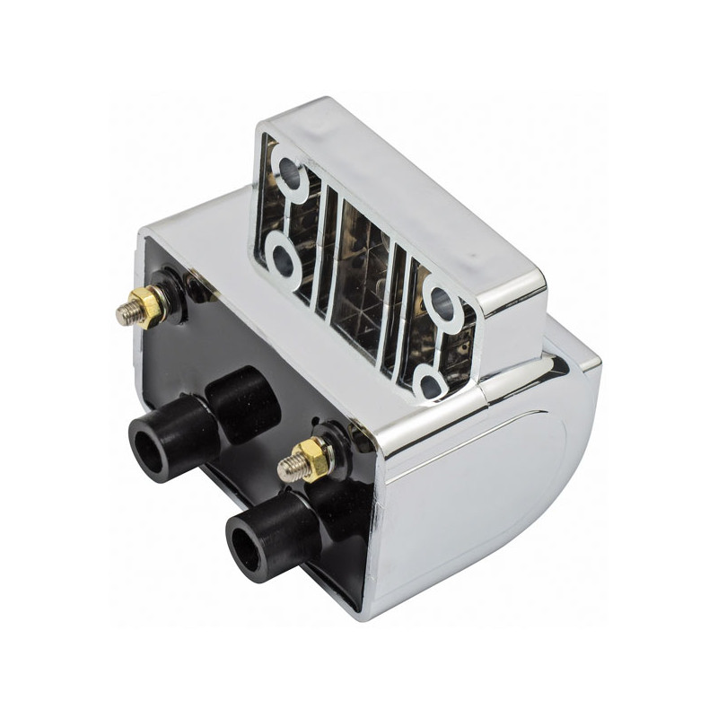 Late OEM style ignition coil. 12V, 4 ohm. Chrome 80-84 Shovel B.T. 80-84 XL. With electronic ignition (Dual fire)