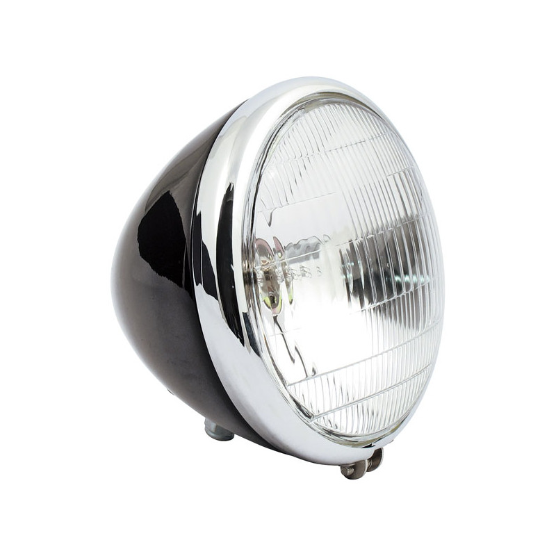 6-1/2" Springer headlamp assembly. 12V. Black/Chrome 36-54 H-D with Springer forks. With 12V conversion (NU)